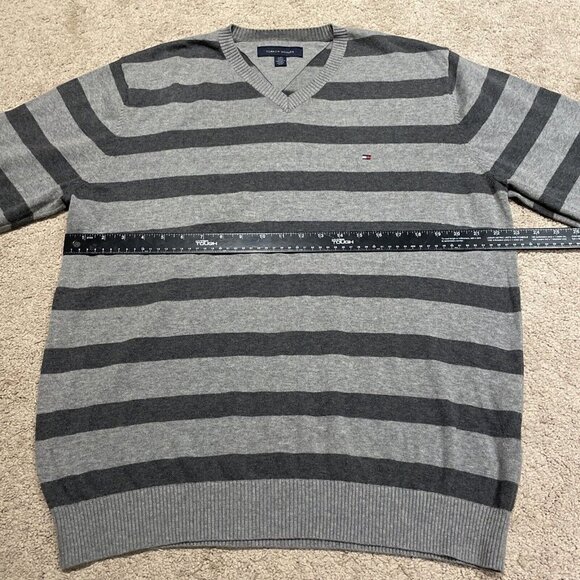 Tommy Hilfiger Mens Gray Striped V-Neck Sweater Size L 100% Cotton Long Sleeve - Picture 5 of 8